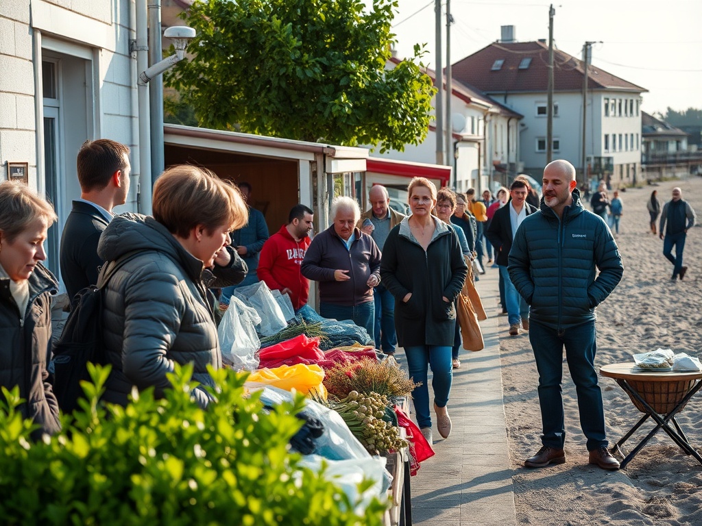 Ilustracja przedstawiająca zieloną planetę Ziemię z elementami nawiązującymi do Łeby, np. morzem i wydmami, z napisem 'Dzień Ziemi'