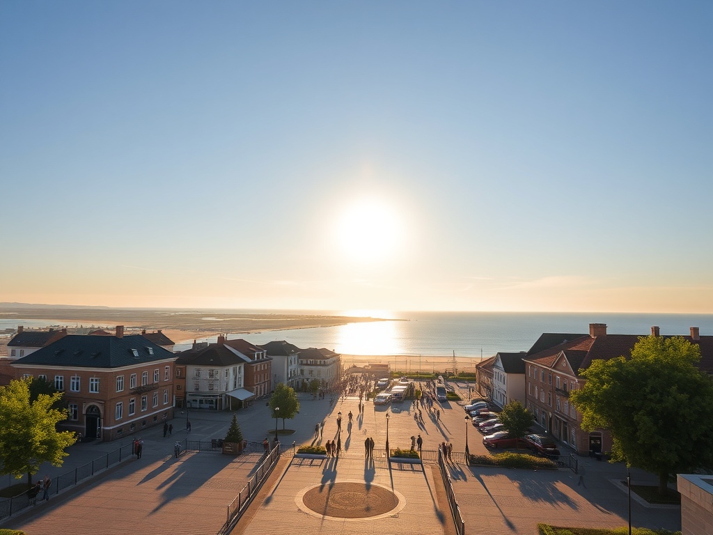 Widok na plażę w Łebie podczas majówki, z widocznymi pierwszymi spacerowiczami i łagodnymi falami Bałtyku.